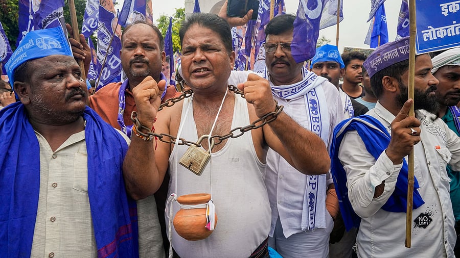 <div class="paragraphs"><p>BSP workers protest against the Supreme Court's August 1 decision on the issue of SC-ST reservation during ‘Bharat Bandh, at the Ambedkar Statue at Hazratganj, in Lucknow.</p></div>